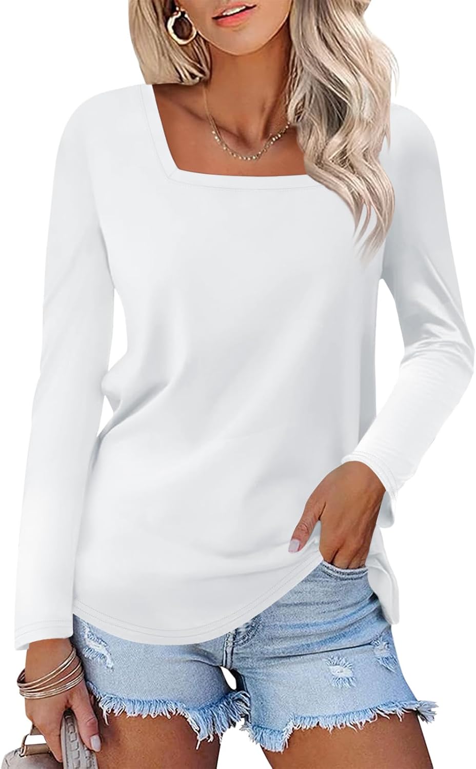 Women’s Long Sleeve Shirts Square Neck Tunic Tops Dressy Casual Basic Tees Blouse Loose Fit