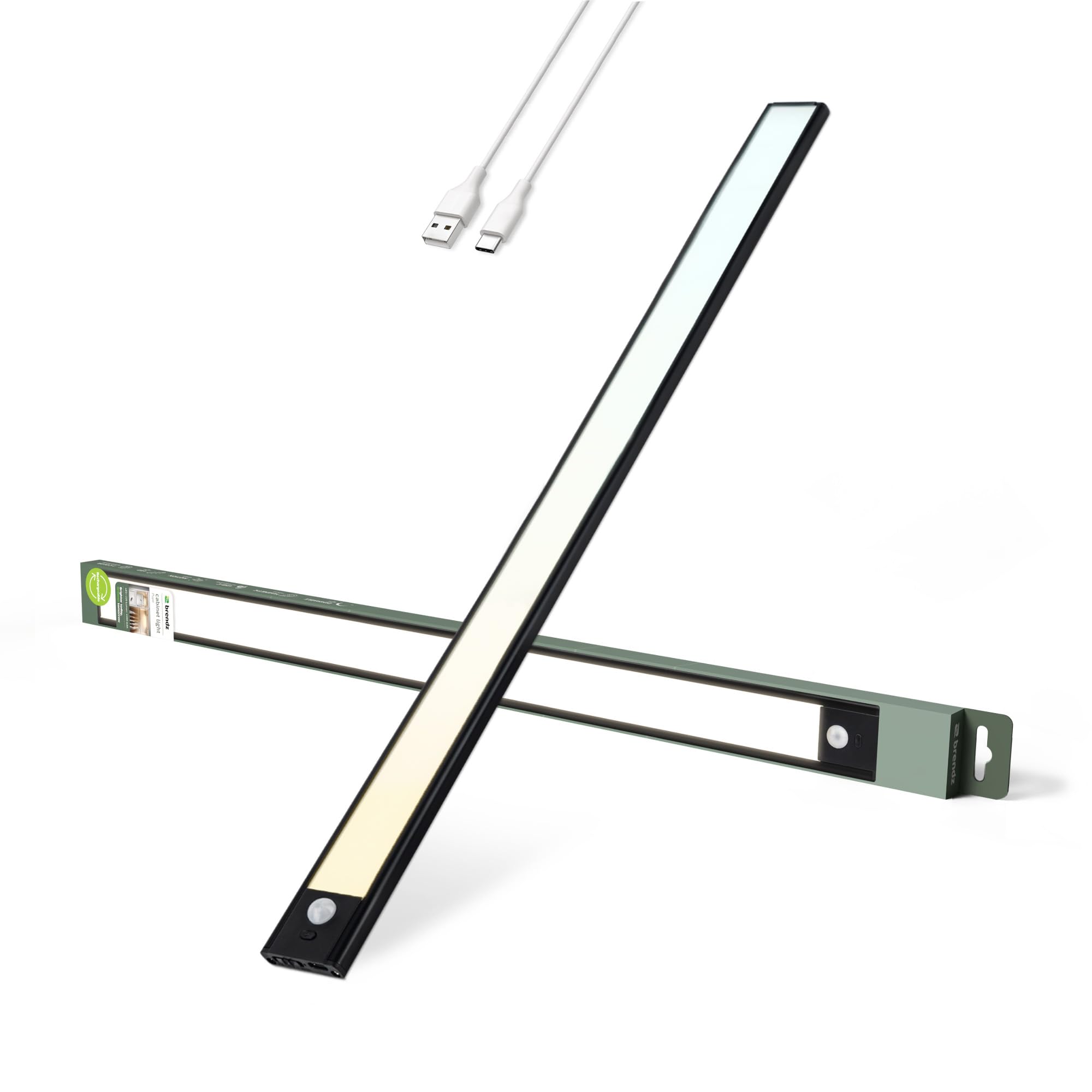 Brendz Luz LED Armario con Sensor de Movimiento, LED Cocina Bajo Mueble, 60cm, Recargables USB-C, 4400mAh, 3 Temperaturas de Color, Regulables, Magnético, Barra Cocina, Puyo Negro