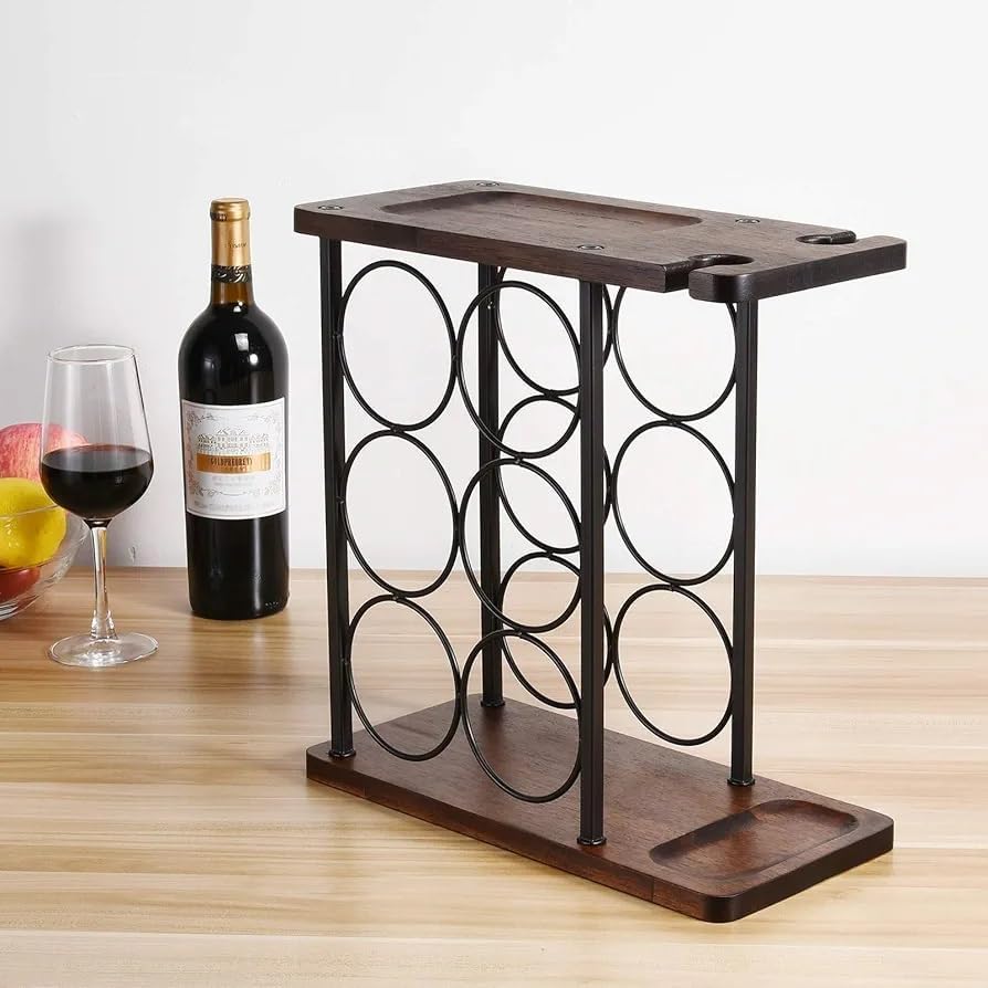 Image of Solid Wood Wine Bottle Rack for Home | Wooden & Metal Wall Mounted Wine Racks with 6 Stem Glass Holders for Wine Glasses (Natural)