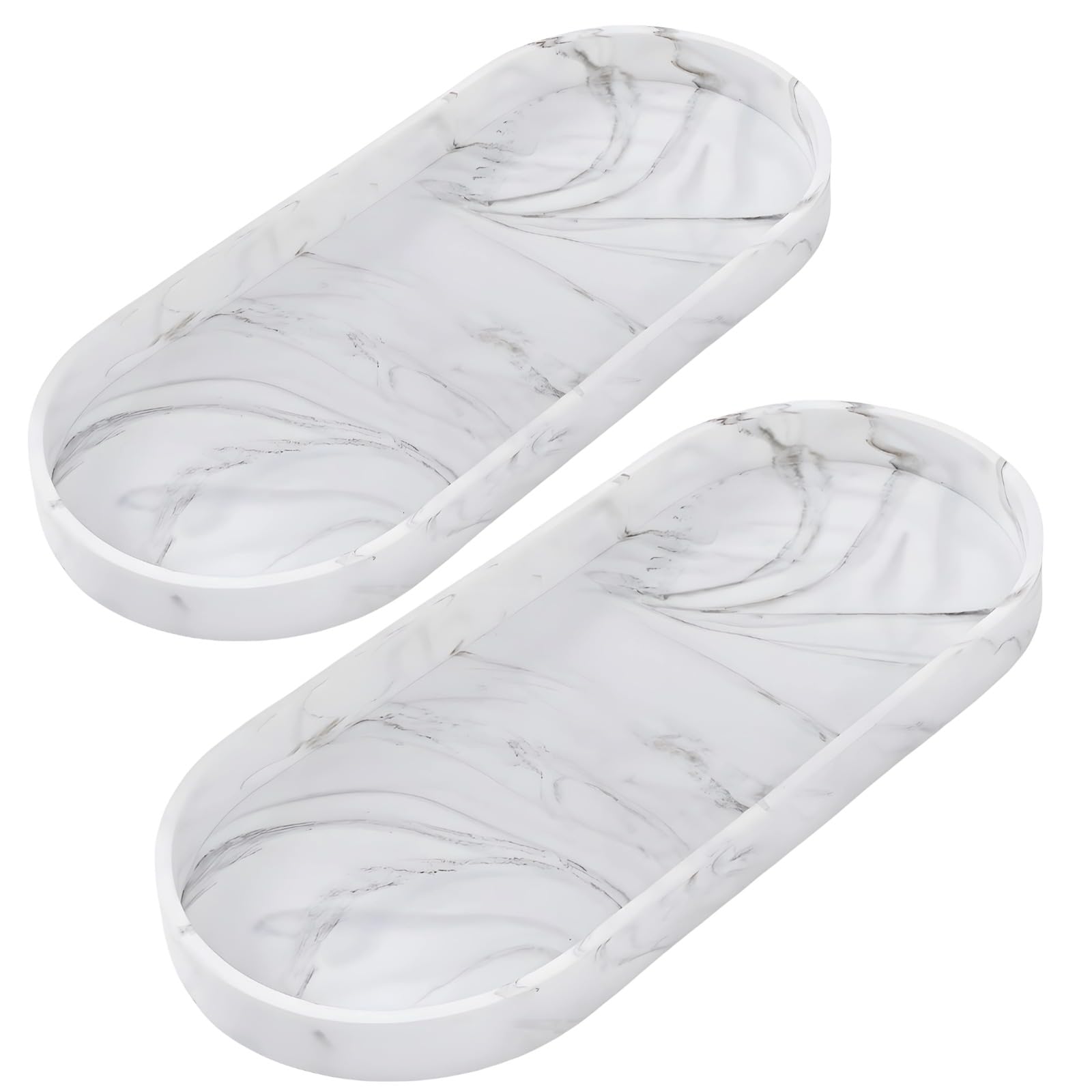 Packool White 2 Pcs Silicone Vanity Trays, Marble Pattern Oval Organizers, Bathroom Countertop Storage, Small & Large, Non-Slip Flexible, No Drill,Ideal For Sink, Dresser, Kitchen