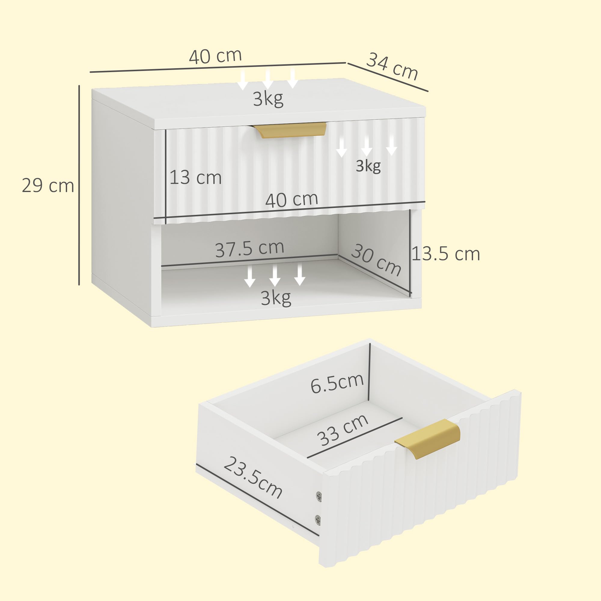 HOMCOM Set di 2 Comodini Camera da Letto Sospesi, 40x34x29 cm Bianco | Pannelli Scanalati, Coppia di Comodini Moderni, Cassetto e Ripiano