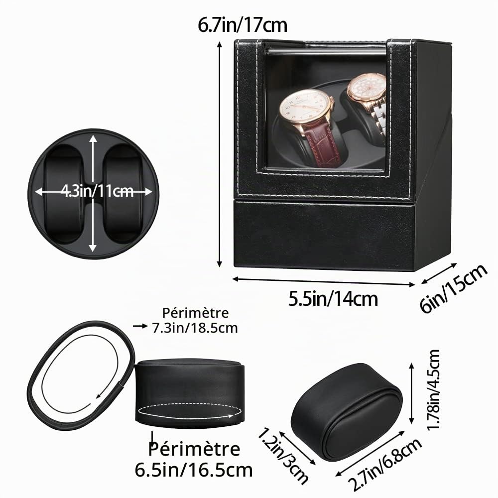 Watch Winder Remontoir Montre Automatique Boîte Cuir Vitrine Acrylique Rotation Silencieux Cadeau pour 2 Montres