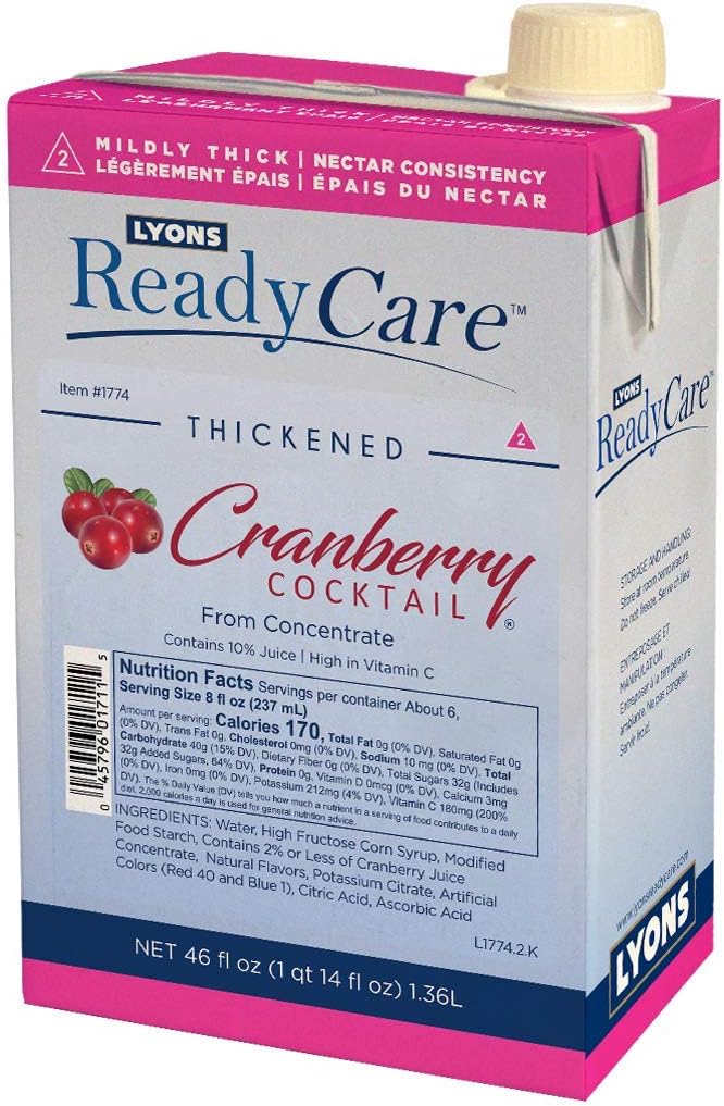 Lyons Thickened Cranberry Cocktail for Dysphagia & Swallowing Difficulty - Nectar Consistency, Level 2 Mildly Thick - 46 fl oz (6 Pack)