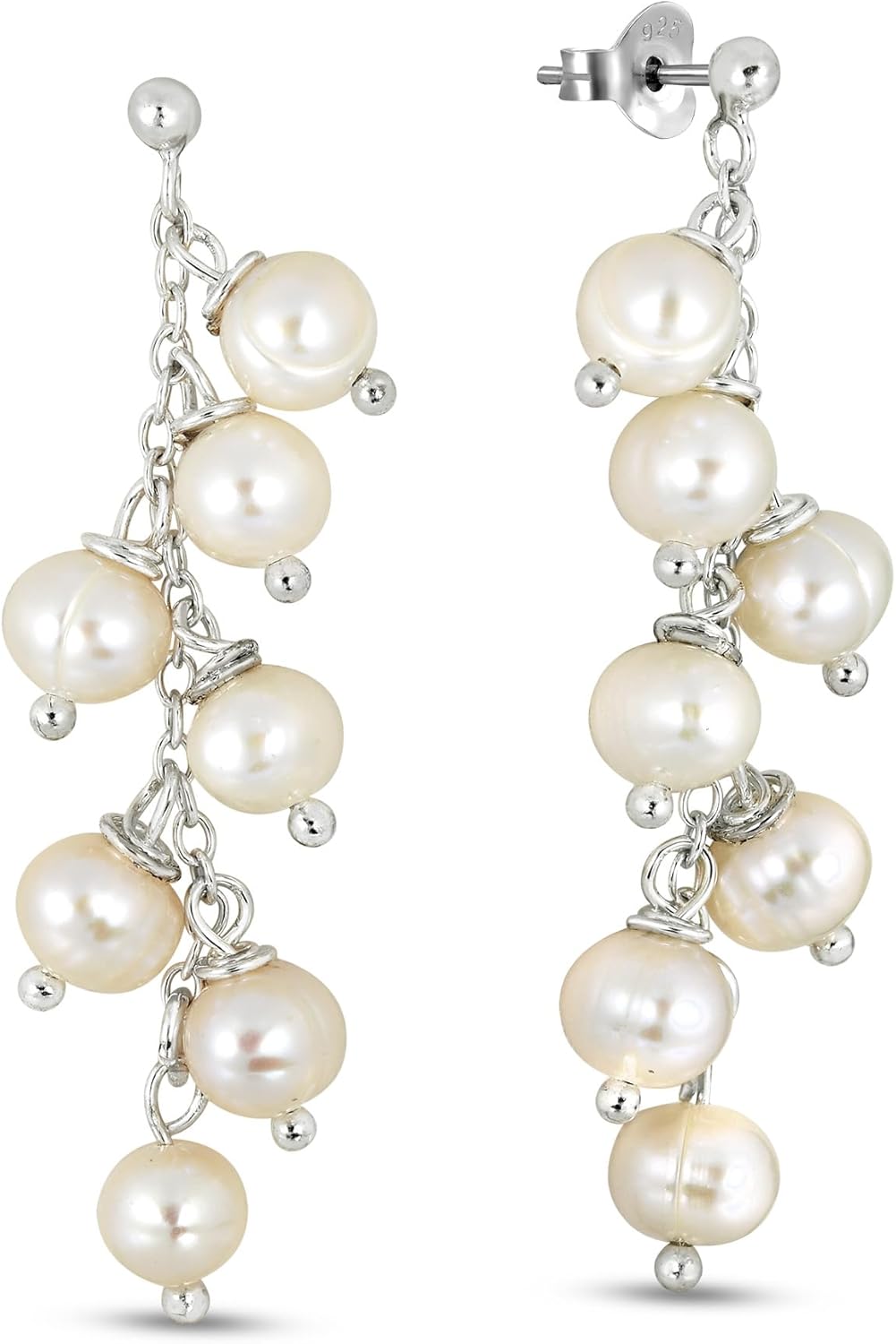 AeraVida Enchanting White Cultured Freshwater Pearls .925 Sterling Silver Post Dangle Earrings | Elegant Pearl Drop Earrings for Women | Timeless Silver Jewelry - Image 2