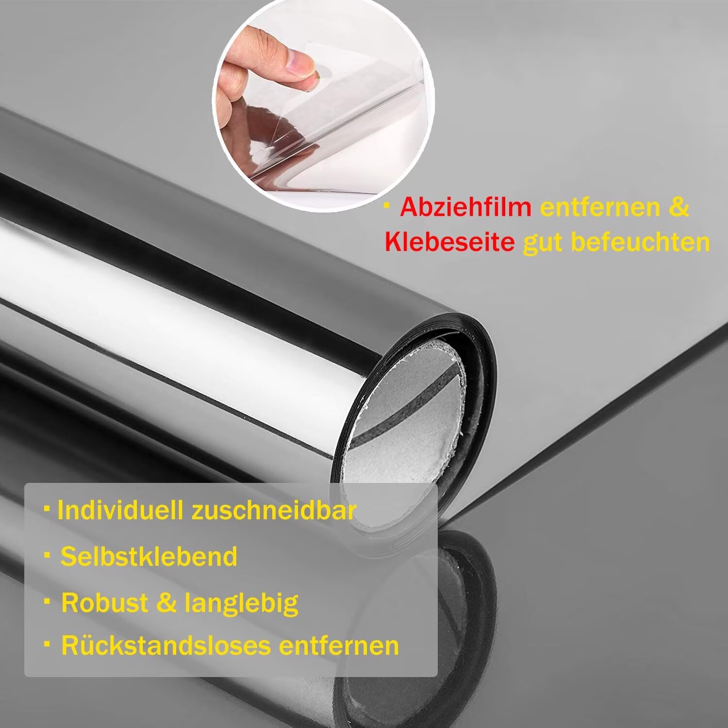 Spiegelfolie Fenster Sichtschutz 118x200cm Sonnenschutzfolie Fenster Innen & Außen Fensterfolie Sonnenschutz Einseitige UV Folie Fenster Hitzeschutz ideal für Wohnzimmer und Büro, Silber
