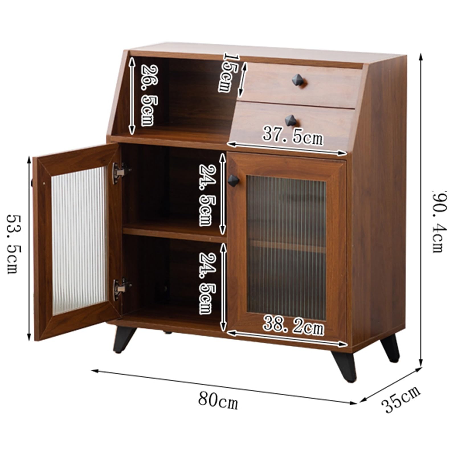 Aparador moderno Buffet Armario de almacenamiento de cocina con puertas de vidrio a rayas comedor gabinete consola mesa licor/acento armario organizador (marrón 80 x 35 x 90,4 cm)