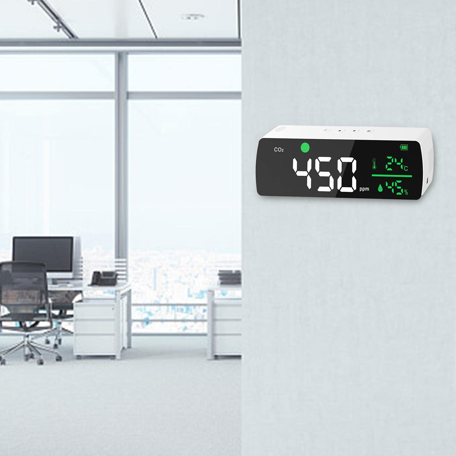 Yiida CO2 Escritorio - Detector dióxido Carbono Montaje en Pared - Medidor CO2 con Sensor NDIR, Calidad del Aire para monitorear el Nivel ppm Humedad