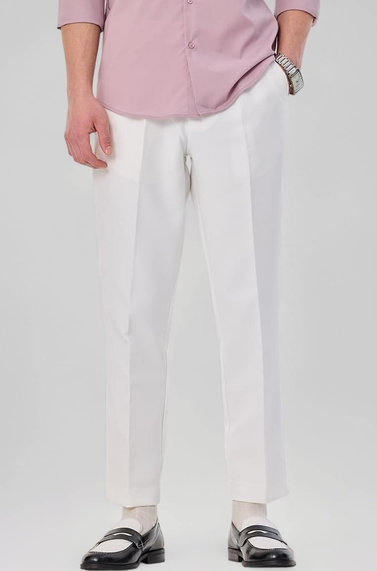 Men Formal Trousers | Relaxed Fit Pleated Front Solid Design Straight Leg | Durable Polyester Blend Fabric for All Day Comfort & Office
