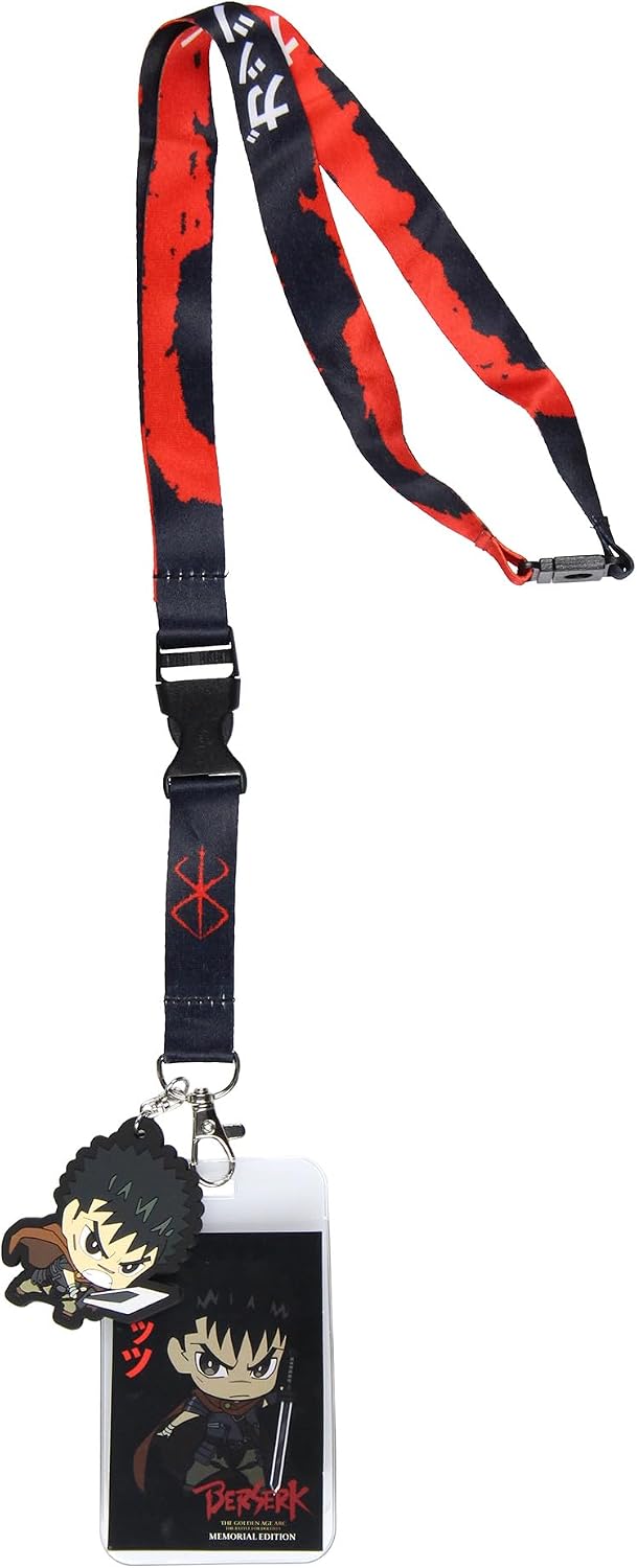 Berserk ID Lanyard Breakaway Badge Holder w/Character Card and 2.5" Guts Chibi Rubber Pendant for Keys Keychain Wallet