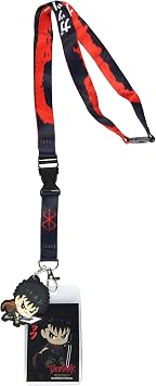 Berserk ID Lanyard Breakaway Badge Holder w/Character Card and 2.5" Guts Chibi Rubber Pendant for Keys Keychain Wallet