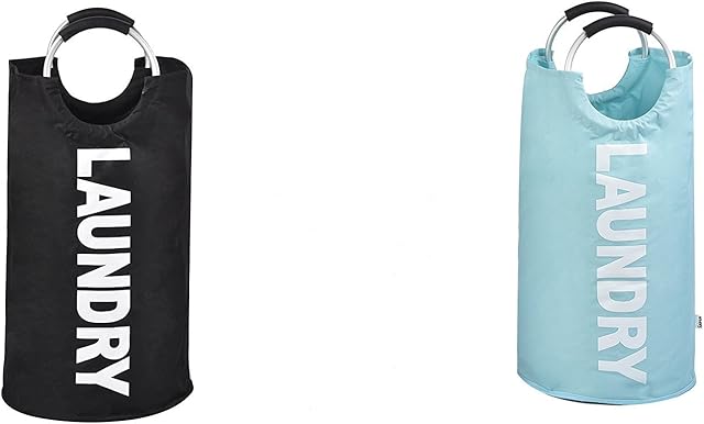 Arpan Laundry Bag Hamper - Washing Bin with Round Alloy Handles for Convenient Carrying - Collapsible & Foldable Design - Fabric Laundry Clothes Bag - Perfect for Dorms & Travel (1x Blue, 1x Black)