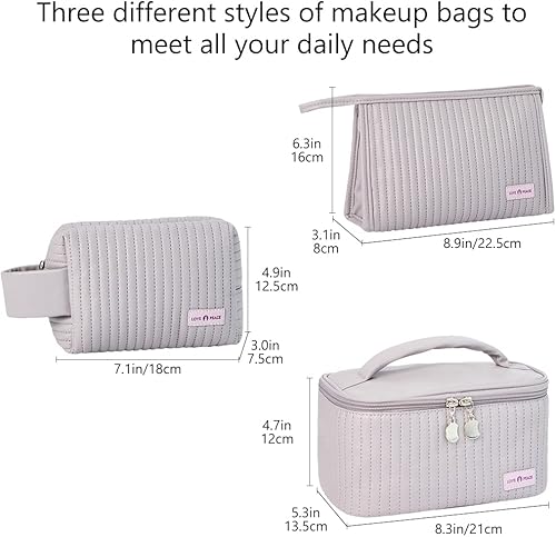 Miniatura 8 de Bolsa de maquillaje de 3 piezas, juego de bolsas de cosméticos, bolsa de aseo de cuero a rayas de poliuretano, organizador de maquillaje portátil