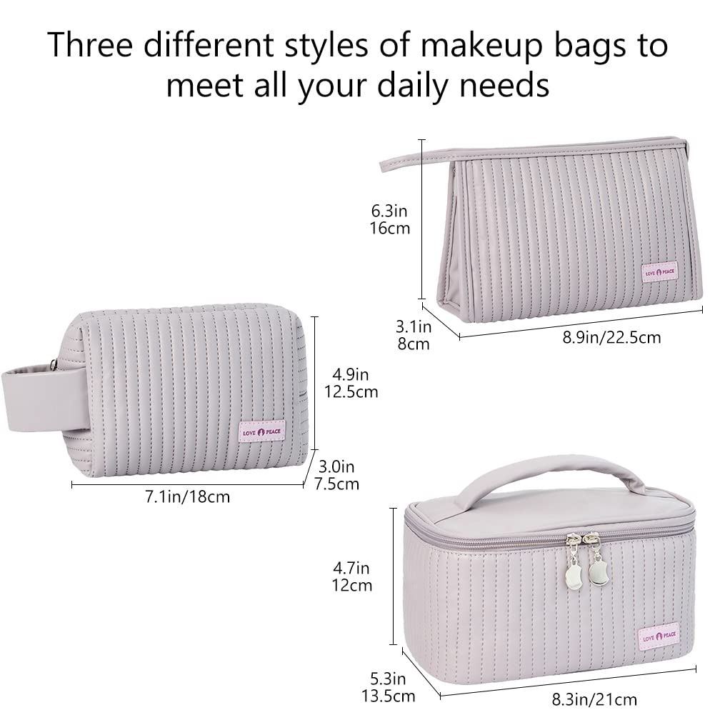 Linpr Makeup Bag 3 Pcs Cosmetic Bags Set, PU Striped Leather Toiletry Bag, Portable Waterproof Travel Makeup Organizer - Image 3