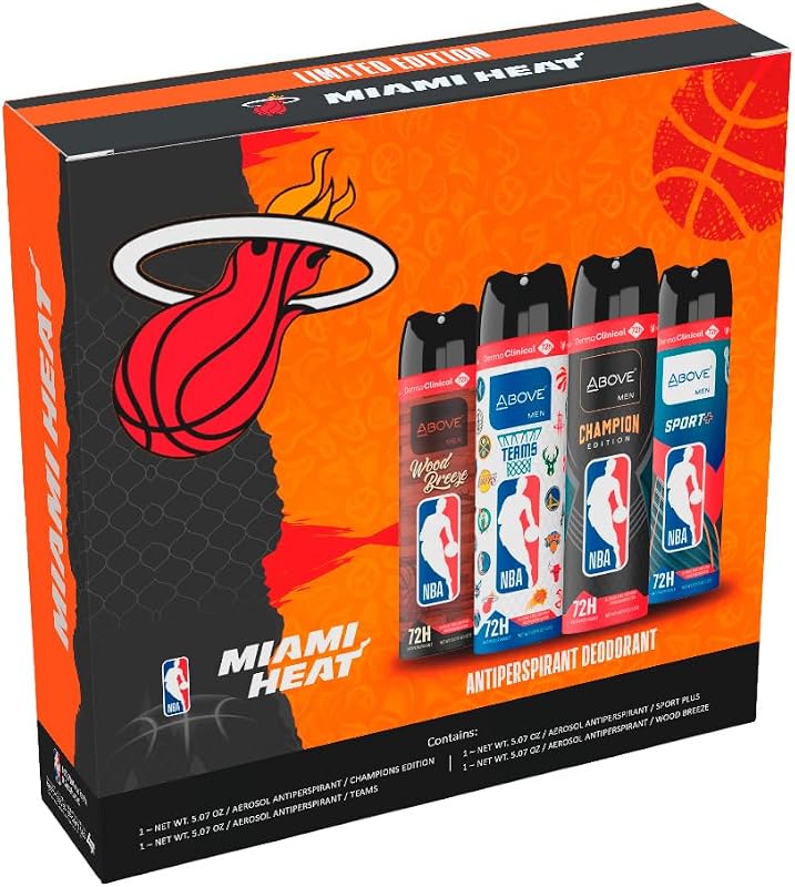 Desodorante antitranspirante em spray NBA Miami Heat, 4 fragrâncias, spray seco, sem manchas, Pacote com 4 unidades