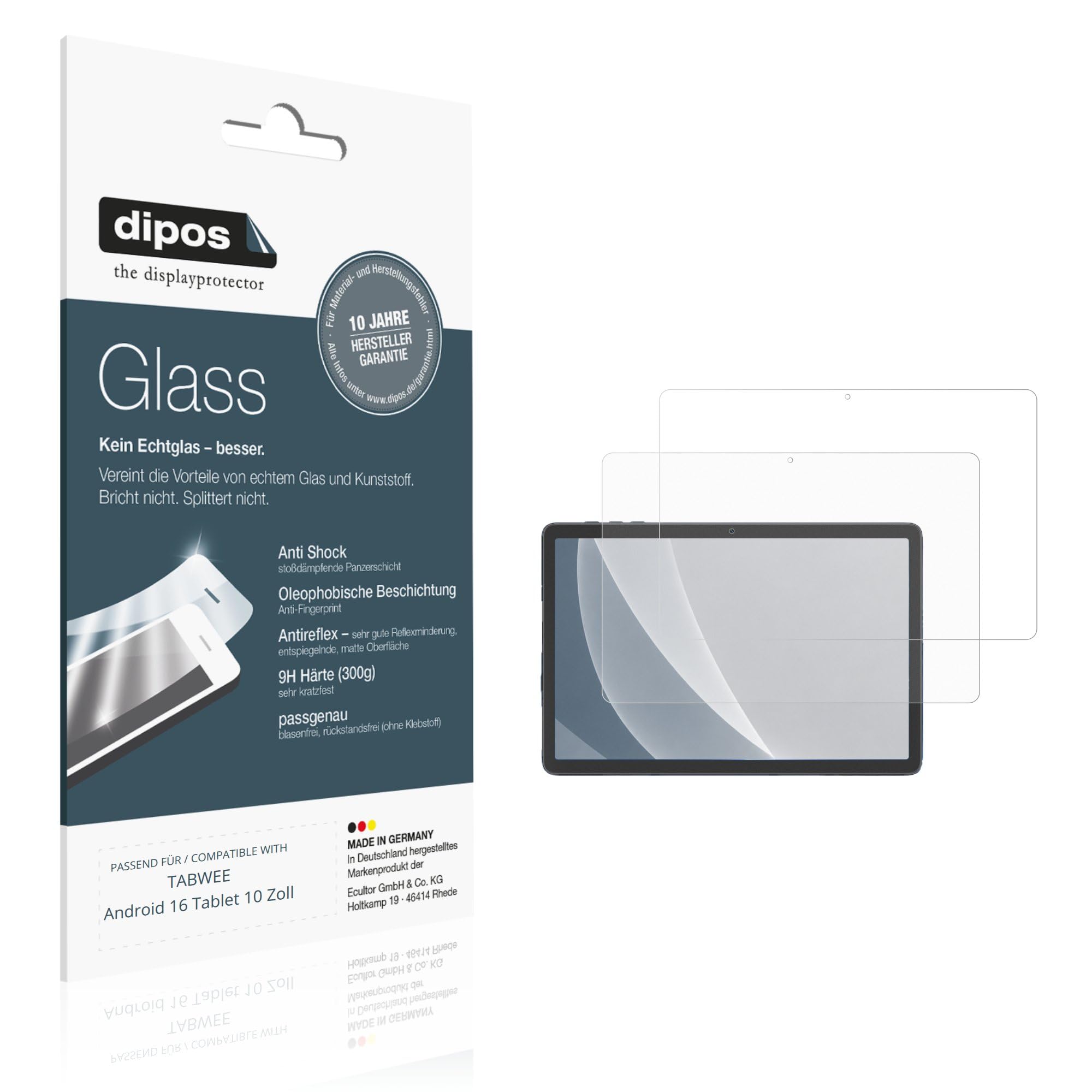 dipos 2x Pellicola Protettiva 9H opaca per TABWEE Android 16 Tablet 10 Zoll | Antiriflesso, non si rompe e non si scheggia, non è vero vetro, Anti-Shock, antigraffio, senza bolle, autoadesiva