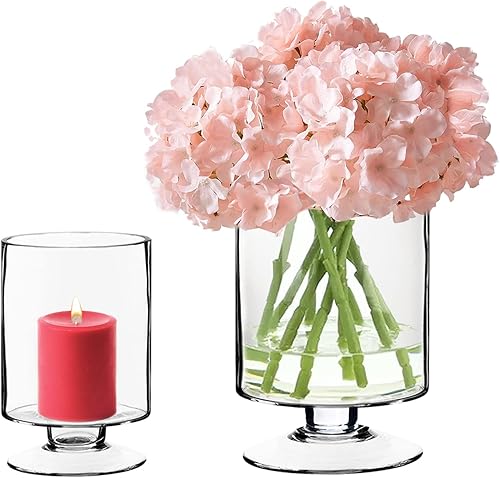 CYS EXCEL Portavelas de cristal de pilar de huracán (H6 pulgadas de ancho 3.75 pulgadas de alto y 8 pulgadas de ancho 4.75 pulgadas, 2 piezas)