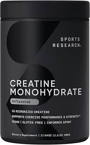Sports Research Monohidrato de creatina - Gana músculo magro, mejora el rendimiento y la fuerza y apoya la recuperación del entrenamiento - 0.18 oz