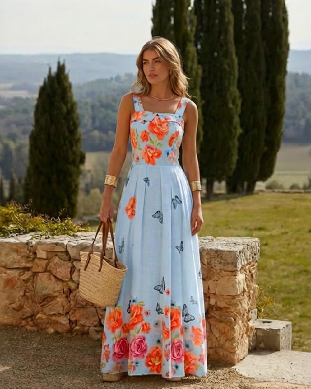 CHICME Women’s Floral Butterfly Print Linen Maxi Dress Quare Neck Strap Shirred Bodice Flowy Boho Summer Beach Dress - Image 6