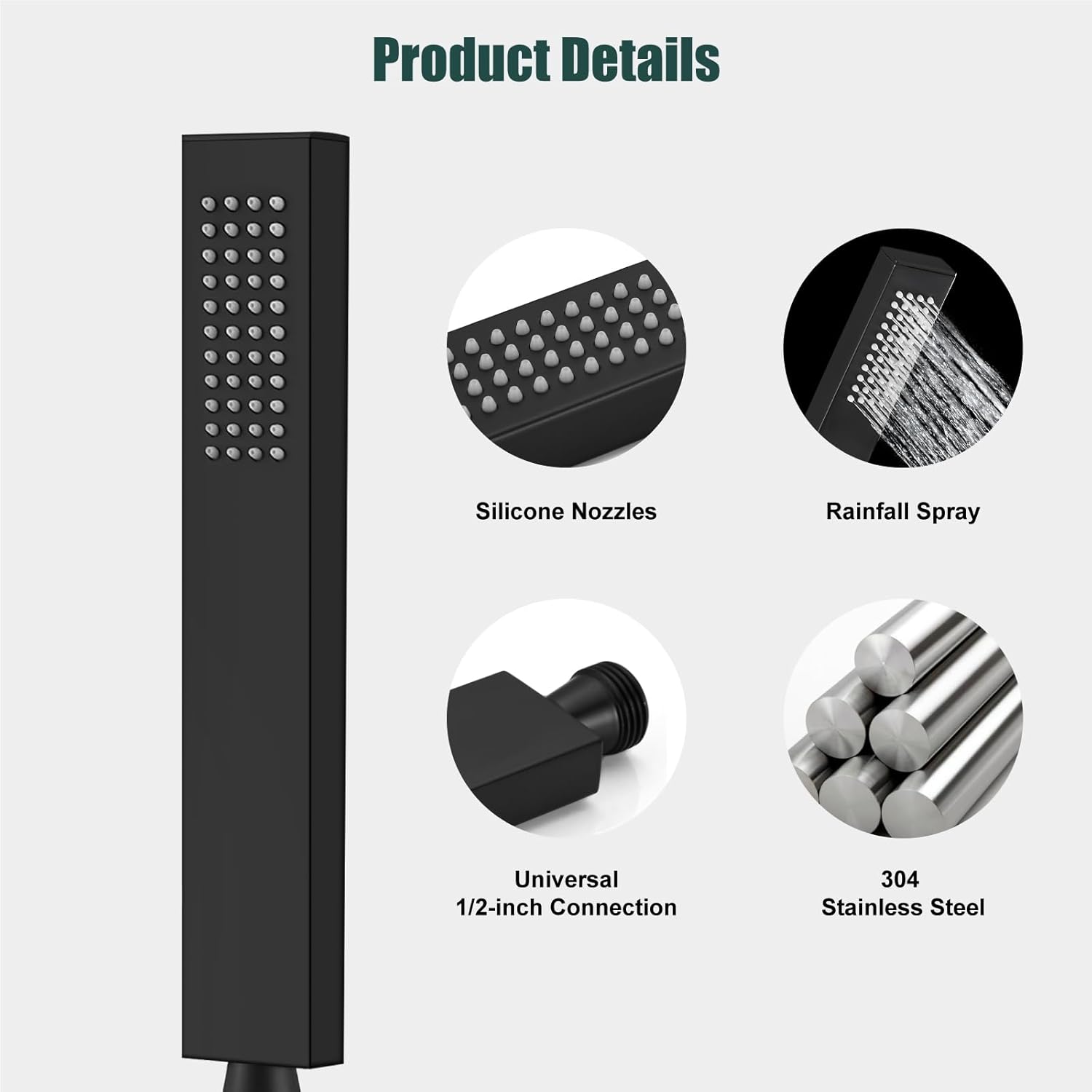 Heyalan SUS304 Stainless Steel Handheld Shower Wand High Pressure Luxury Shower Set High Flow Rectangle Hand Shower Spray with Wall Connector Holder and hose, Straight Style Matte Black