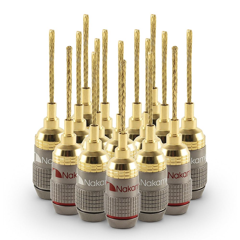 Nakamichi FanLock Fiche à Broche Flexible 2mm Plaquée Or 24K 10 AWG – 18 AWG Calibre 4 mm pour Haut-parleurs, Amplificateur Hi-FI, Borne à Ressort, Connecteur Audio Rapide, 16 Pièces (8 Paires)