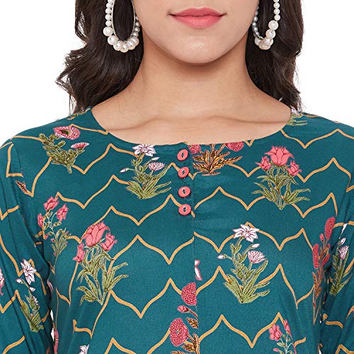Image of Tissu Women's Green & Pink Floral Printed Kurti