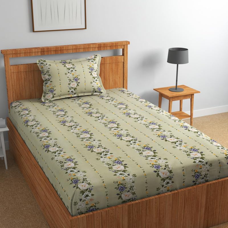 Image of Pure Cotton 220 TC Flat Single Bedsheets For Summer Breathable | Wrinklefree (Size-60 X 90 Inch Or 228 X 152 Cm) With 1 Pillow Covers (Size-17 X 27 Inches, Mehndi),Multicolour