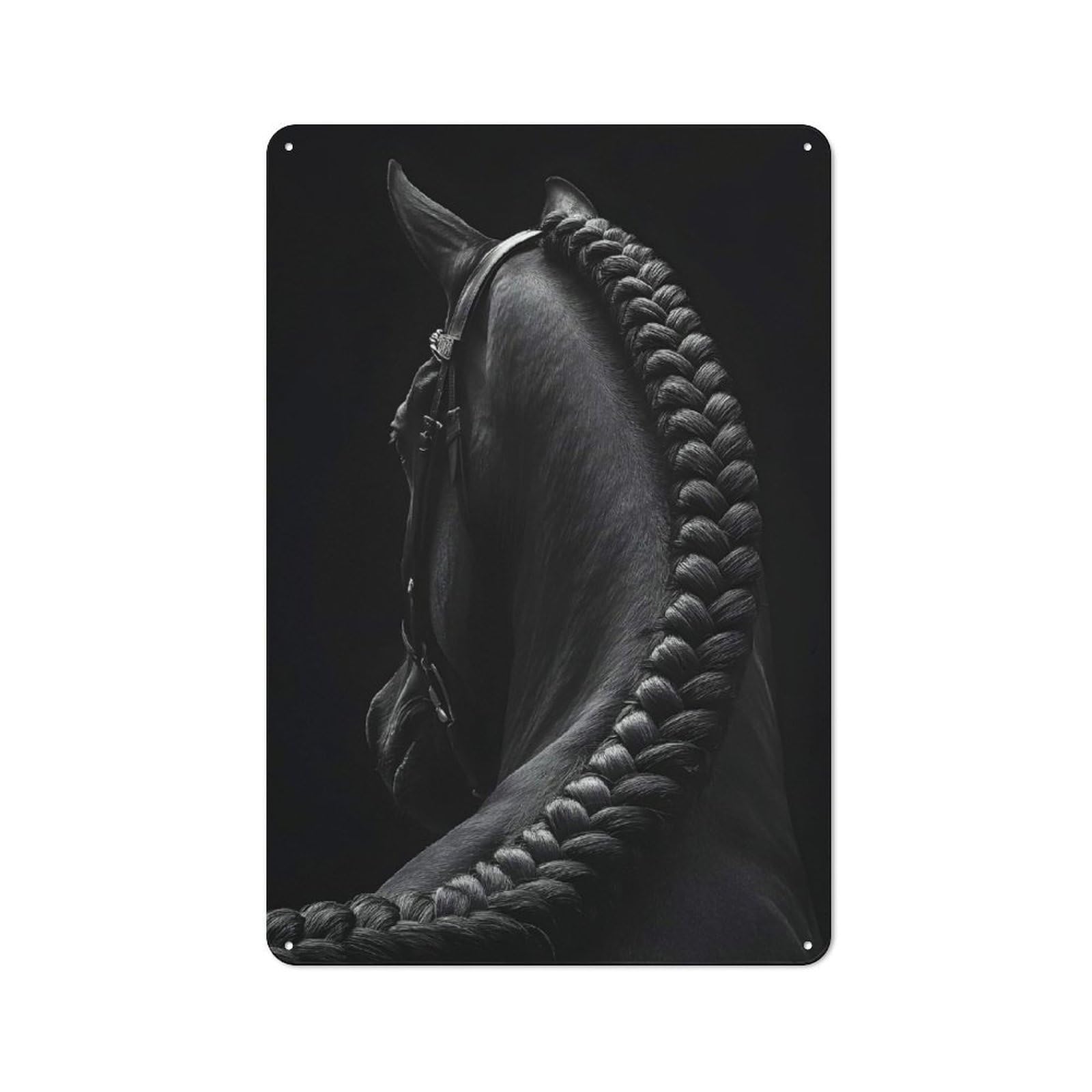 Junmoney Elegant Braided Black Horse Portrait Decorative Metal Sign 30X20cm, Understated Studio Wall Plaque For Hobby Room, Office, Lounge Or Living Room