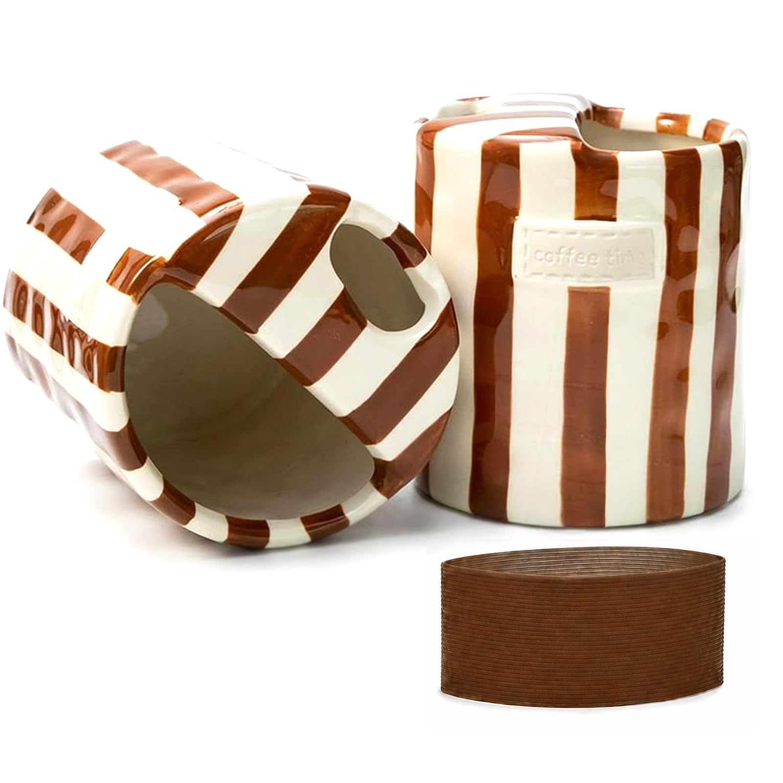 KOIMYSA Ceramic Coffee Mug with Half Lid 12oz, Retro Striped