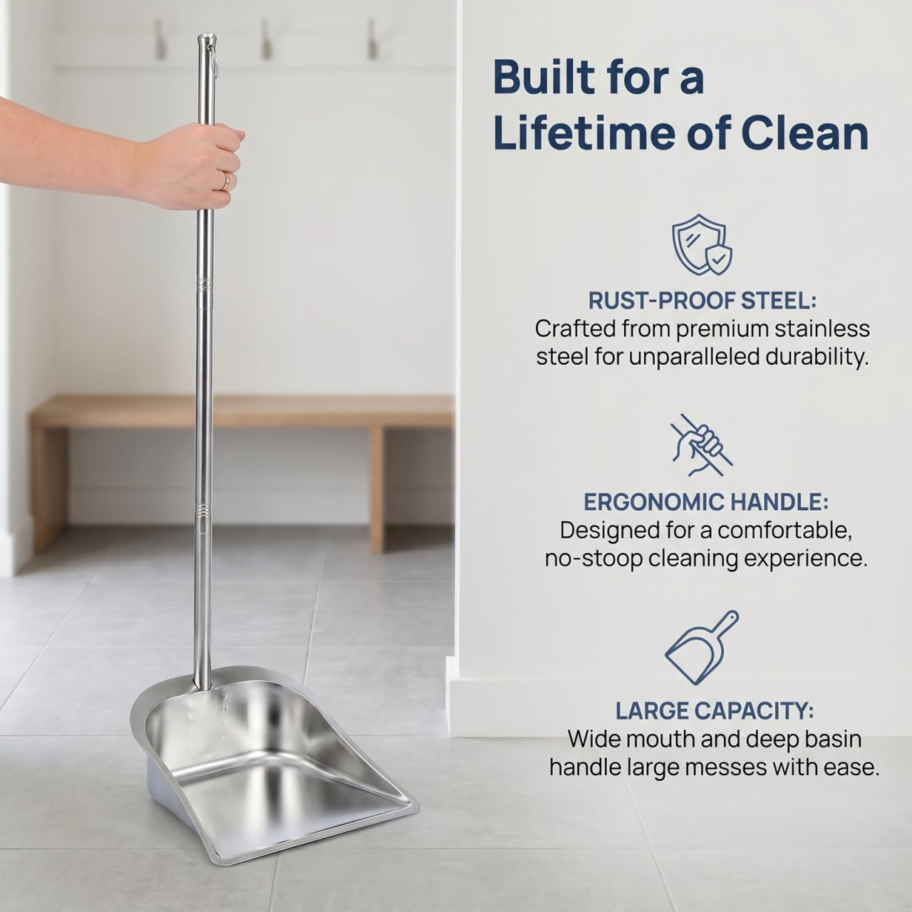 Healeved Recogedor Inoxidable De 31.69X10.62X9.64 Pulgadas con Mango Ergonómico para Cocina Y Hogar Pala De Limpieza Metálica para Basura Tolva De Basura Práctica para Interiores Y Exteriores
