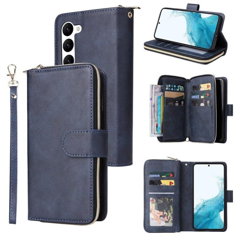 Étui Samsung S24 bleu à fermeture éclair latérale pour sécuriser monnaie et cartes
