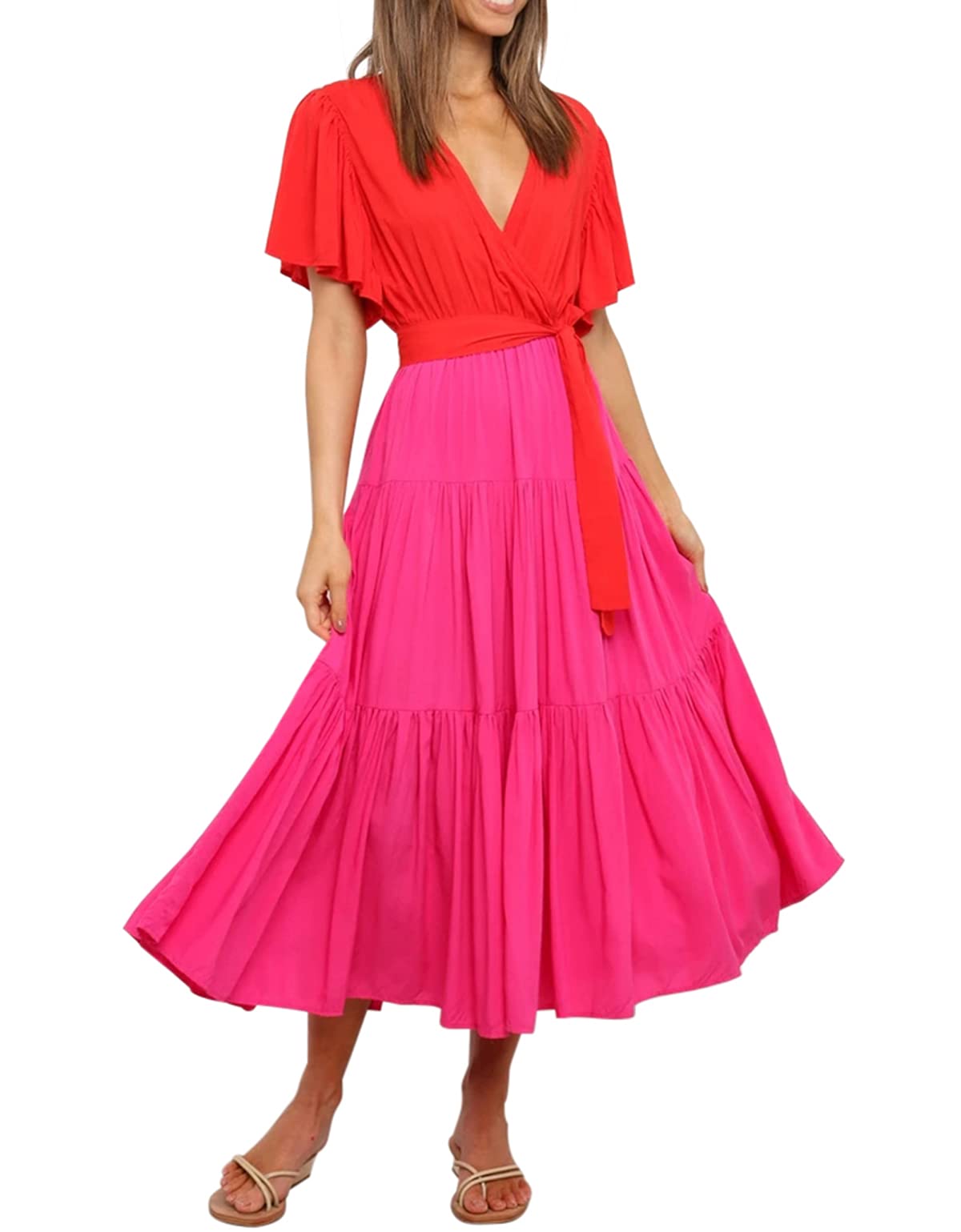 R.Vivimos Summer Dress for Women Cotton Ruffle Short Sleeves V Neck Casual Flowy Midi Dress with Belt