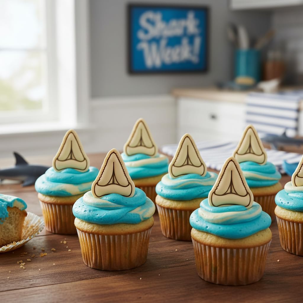 BAKERLOGY Set of 2 Great White Shark & Shark Tooth Mini Cookie Cutters & Stamps Set – Ocean Predator Fondant Embossers for Beach Party Baking, Nautical Biscuit Dough & Cupcake Decoration Tool