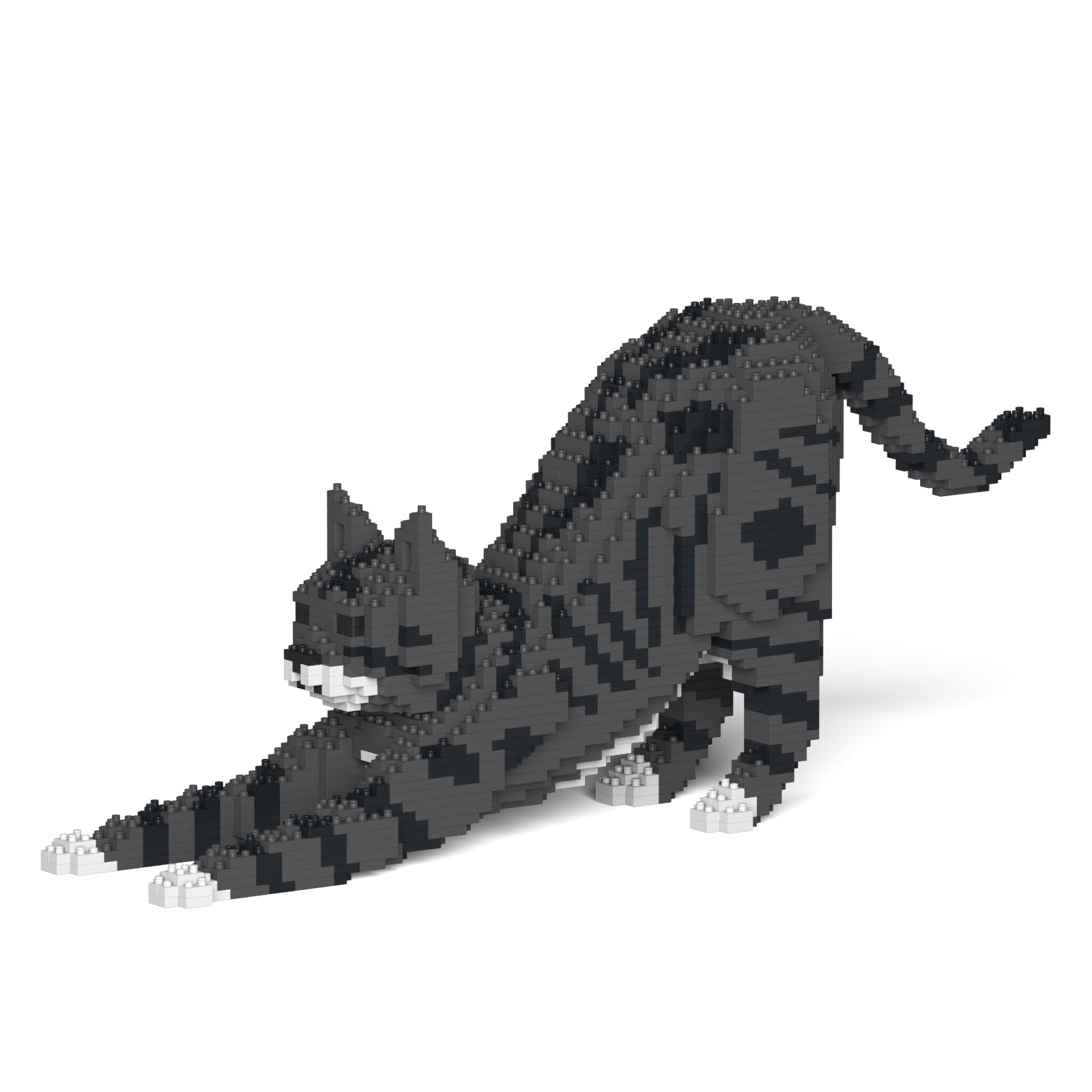 Assembled JEKCA Cat 05S-M02 Tabby Cat model in a stretching pose with dimensions
