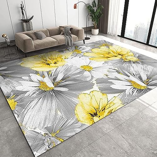 TEMLAN Weißes Und Gelbes Vintage-Blumenmuster Teppiche Gegend, Vintage Graue Blumen Kinderteppich...
