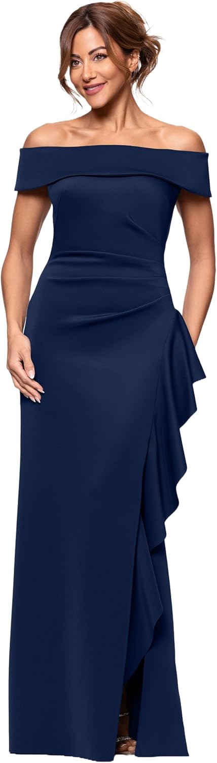 Xscape Women's Scuba Off The Shoulder Ruffle Detail Floor Length Dress (Petite)
