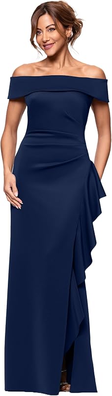 Xscape Women's Long, Ruched Off-the-Shoulder Low-Sheen Evening Dress with Leg Slit & Ruffle Detail (Petite)