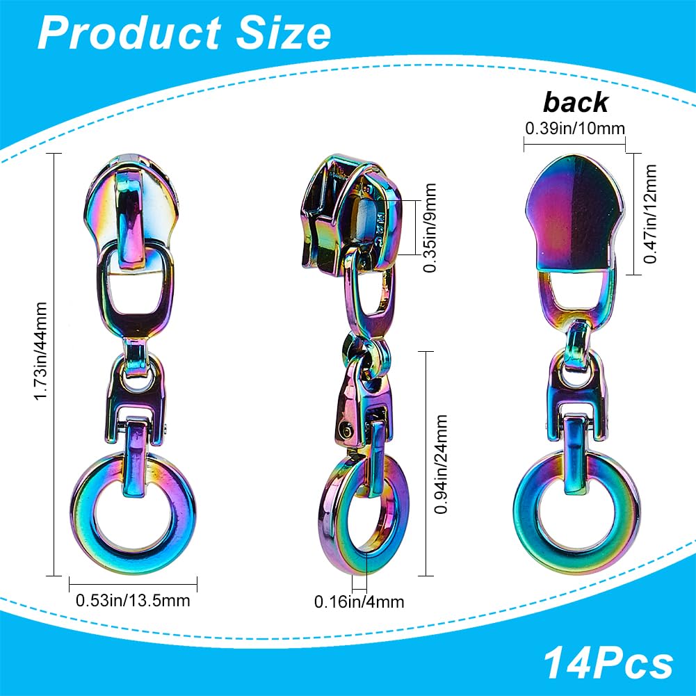 GORGECRAFT 1 Box 14Pcs Rings Zipper Pulls Tabs Metal Rainbow Zipper Slider Replacement Alloy Coloful Zipper Sliders Charms Zipper Repair Kit for Purse Bags Making Craft Sewing Diy Tailor Luggages - Image 2
