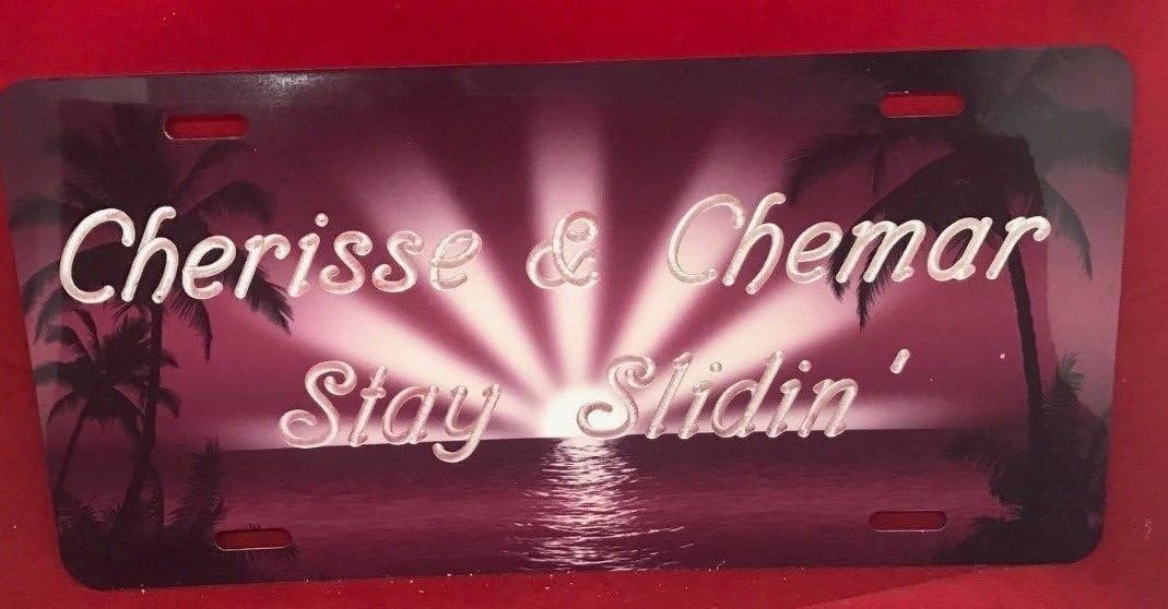 Maroon Palm Tree Personalized Custom License Vanity Plate Free Engraved Auto Car Tag Scenic Sunburst License Plate Beautifully Designed and Made, Car Wash Safe, Indoors or Outdoors,