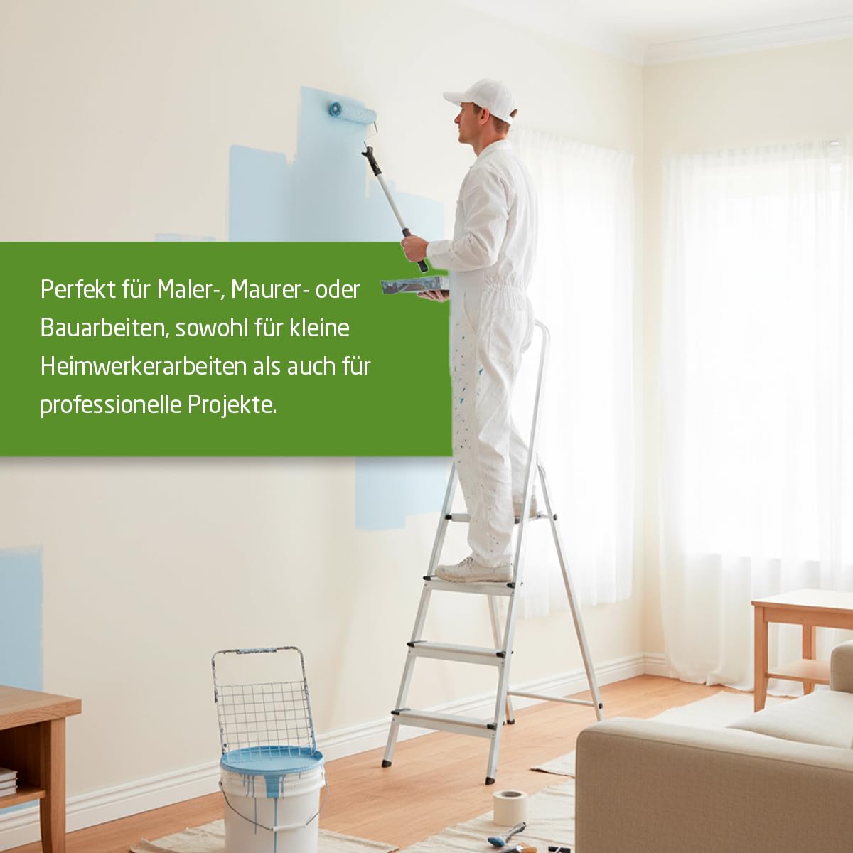 Amig - Teleskopleiter mit 4 Stufen | Aluminium | Maße der kleinen Schritte: 28x8 cm | Maße der großen Stufe: 25x25x28 cm | Heimgebrauch | Maximale Belastung 150 kg