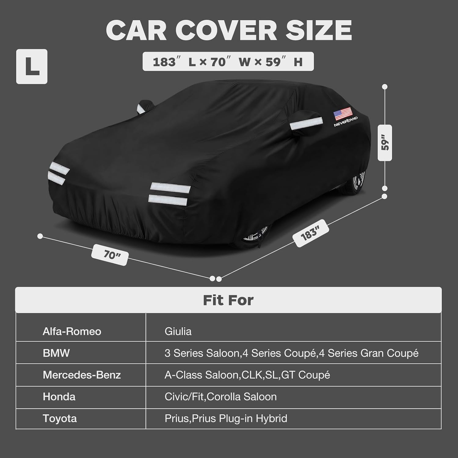 Sedan Car Cover, Full Car Cover Waterproof All Weather Dustproof, Snowproof, UV Protection Outdoor Car Covers for Automobiles Universal Fit for Sedan Car Cover Size 183''L x 70''W x 59''H