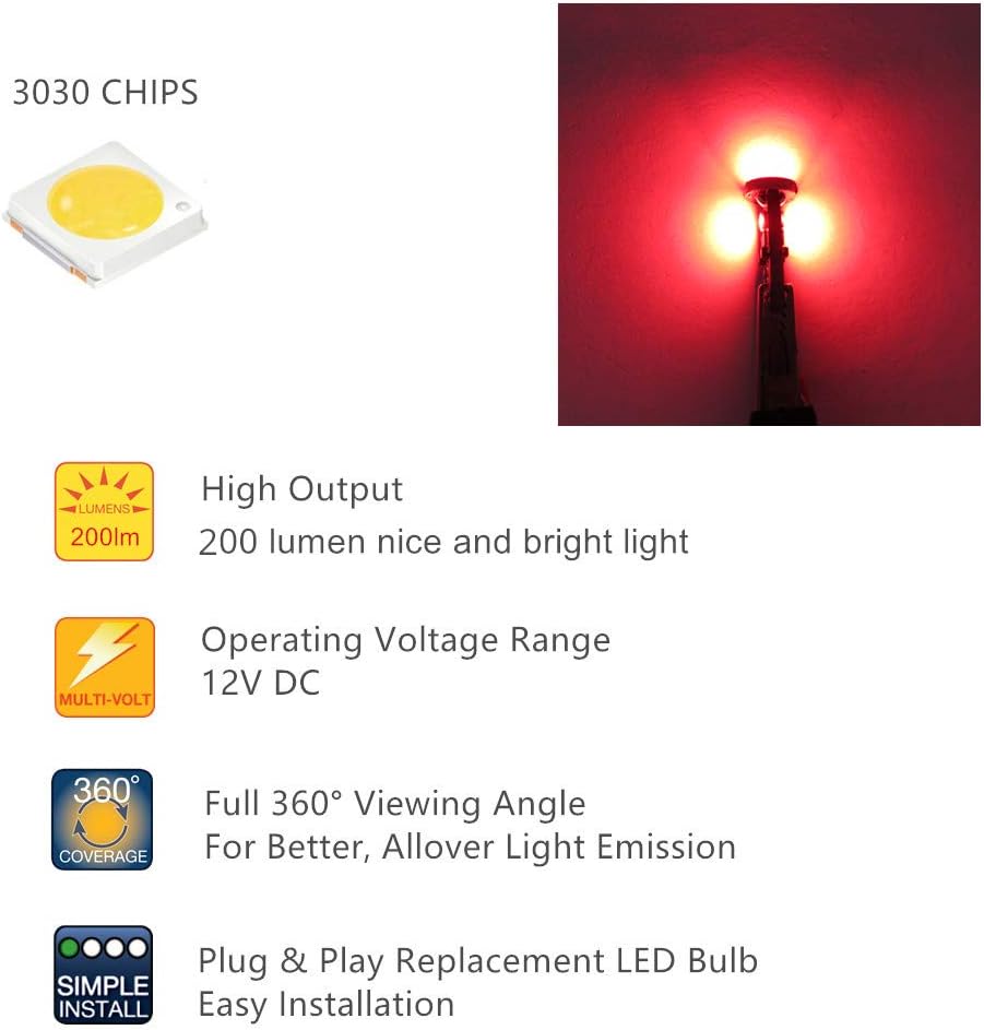 WLJH Canbus Red T10 194 W5W Led Bulb 3030 Chip Super Bright Bulbs for Car Interior Instrument Cluster Panel Gauge Dash Dome Map Cargo Side Marker Lights 10Pack