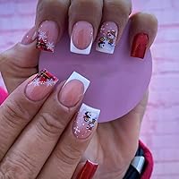 Vista 1 de 24 uñas postizas cuadradas medianas de Navidad, uñas acrílicas francesas rojas de Navidad, uñas acrílicas a presión con pegamento medio brillante
