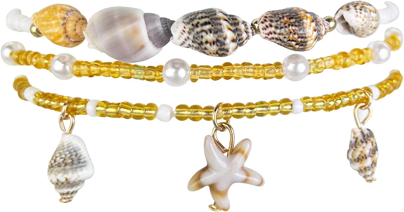 Boho Handmade Beaded Shell Ankle Bracelet Set for Women, Boho Bead Adjustable Anklet, Hawaiian Beach Seashell Pearl Heart Starfish Conch Foot Gifts thumbnail