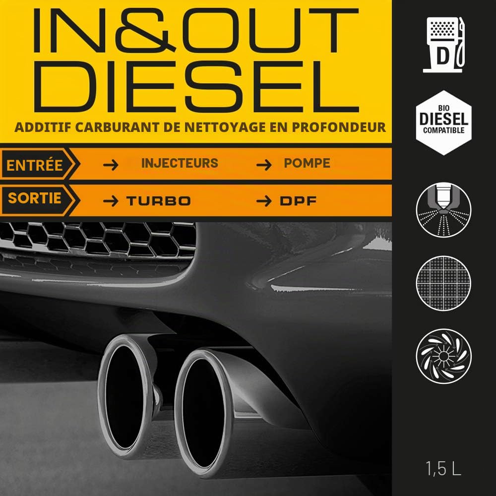 Xenum IN&OUT Diesel 1,5L 4-en-1 pour DPF, injecteurs, turbo et EGR. Protège contre les dépôts, améliore performance et alimentation. Préventif et réparateur pour moteurs diesel.