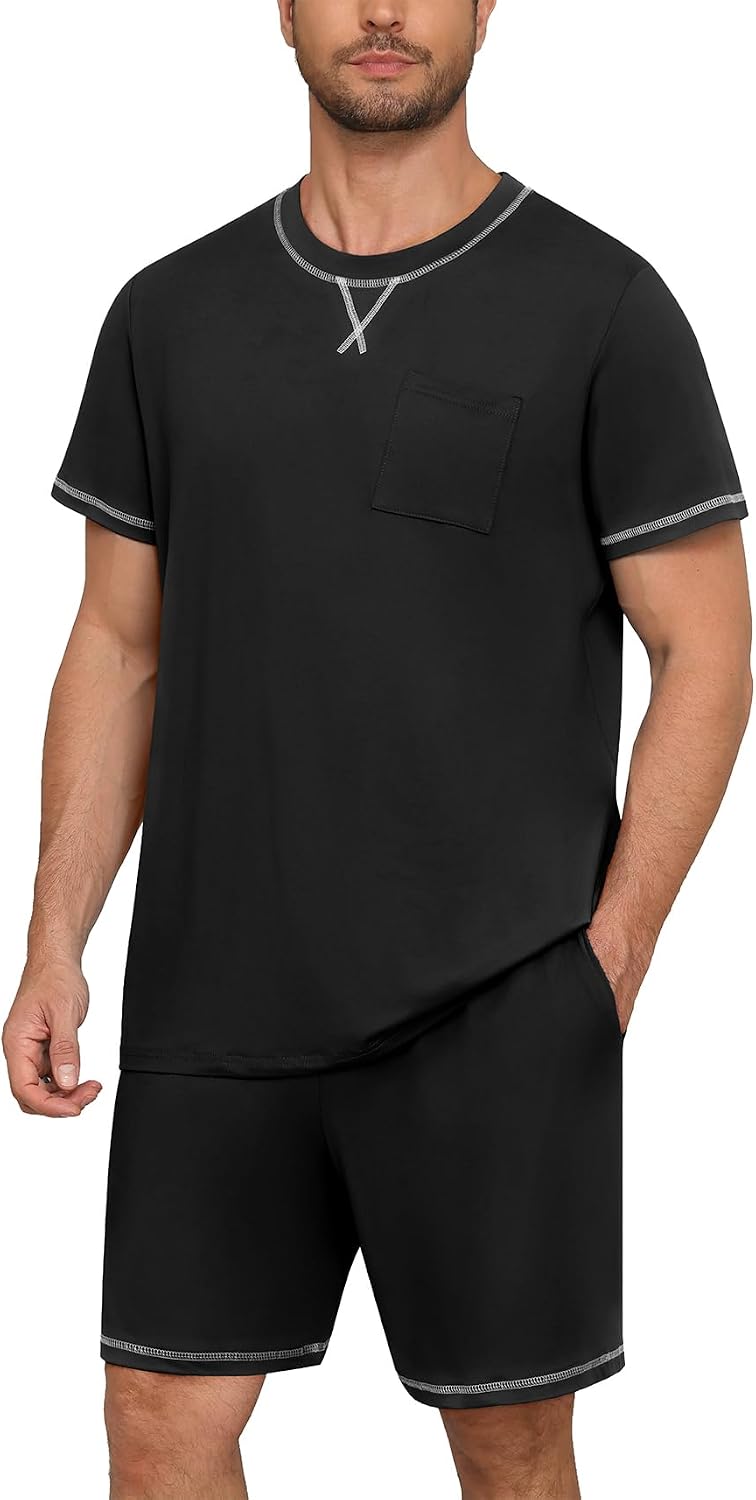 Men's Pajamas Set Casual Short Sleeve Shirts and Shorts 2 Piece Loungewear With Pockets
