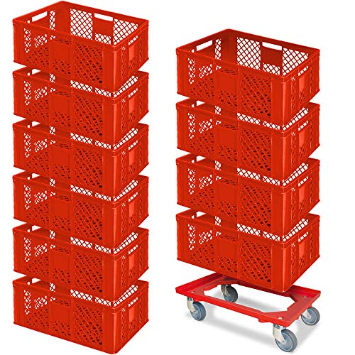 BRB Lot de 10 bacs Euro - 600 x 400 x 240 mm (L x l x H) - Qualité industrielle - Convient à un usage alimentaire + 1 chariot de transport - Rouge