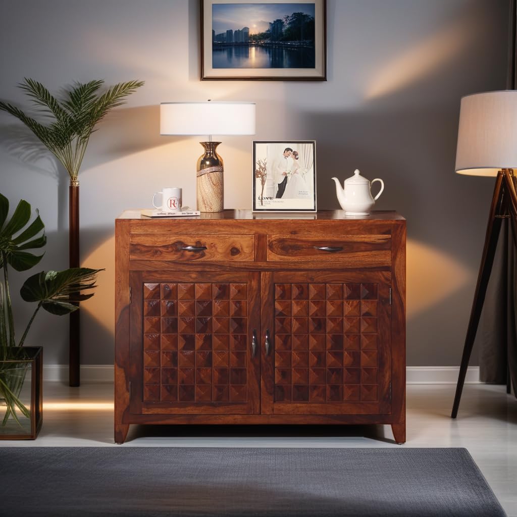 wood crony Solid Sheesham Wood Sideboard Cabinet with 2 Drawer & 2 Shelves - Chest of Drawers Wooden Drawer Storage Cabinet for Bedroom Living Room Storage Furniture Decor (Design 7)-image-40