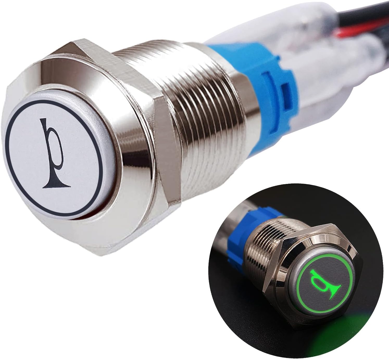 Twidec/16MM Raised Speaker Horn Momentary Push Button Switch 5/8" Mounting Hole 12V Green Led Light Silver Stainless Steel Shell 1NO 1NC SPDT with Pre-Wiring Wires Switch for Car Modification G16LB-G