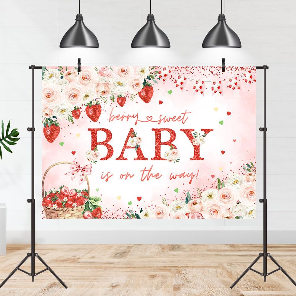 Strawberry Baby Shower Backdrop 10x7ft Berry Sweet Baby is on The Way Pink Flower Strawberry Theme Baby Shower Party Decorations Photography Background for Girls (10x7ft)