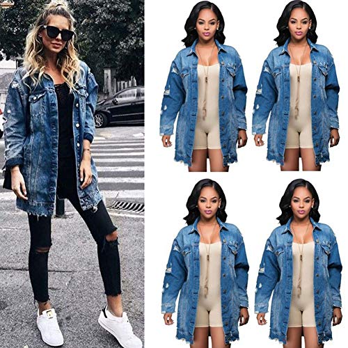 SEADEAR Women's Ripped Denim Trench Coat,Long Style Ripped Jacket Casual Outfits Long Sleeve Trench Coat